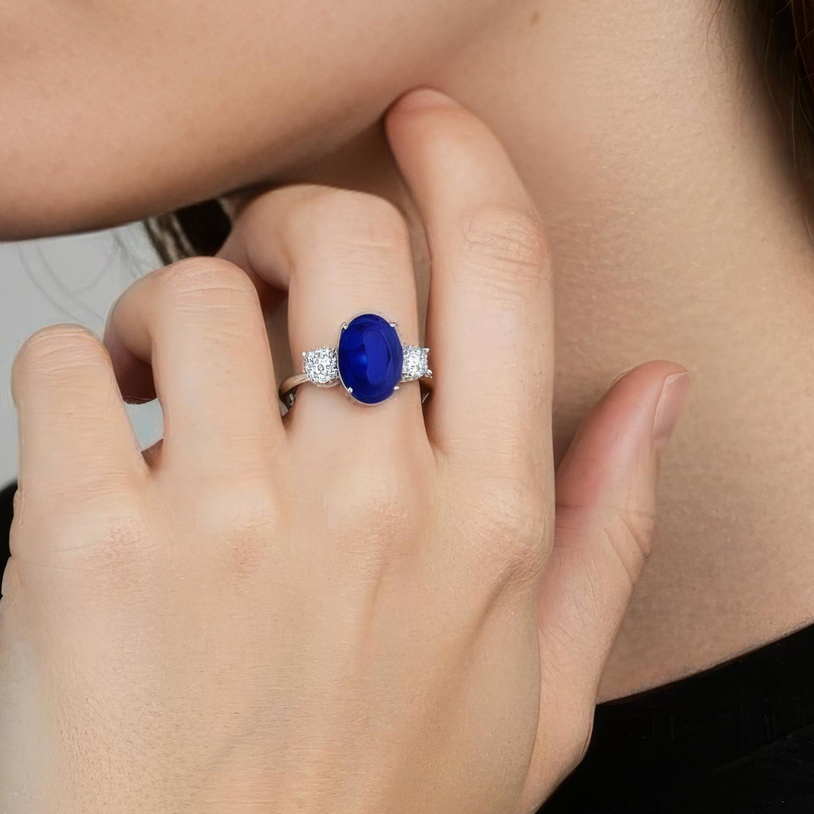 2.50 CTW Oval Lab-Grown Blue Sapphire Diamond Three-Stone Engagement Ring AGI Certified 8×6mm 14K White Gold